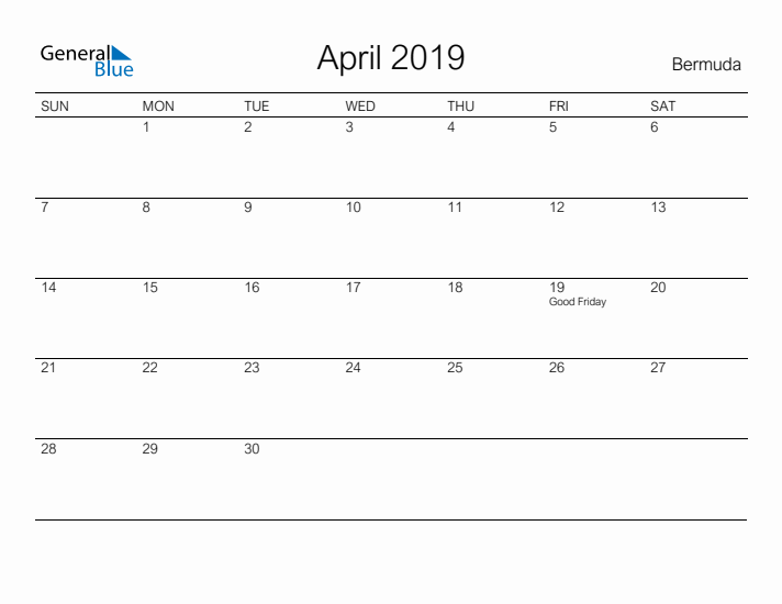 Printable April 2019 Calendar for Bermuda