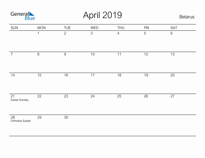 Printable April 2019 Calendar for Belarus
