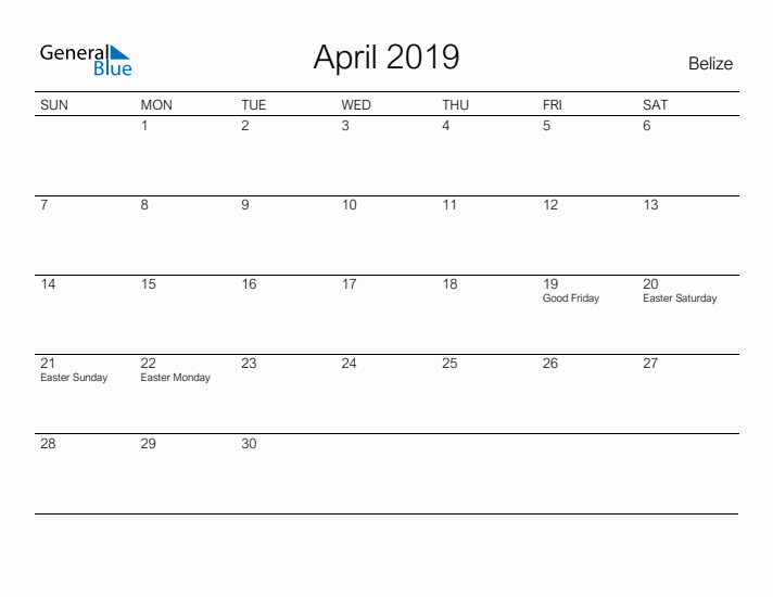 Printable April 2019 Calendar for Belize