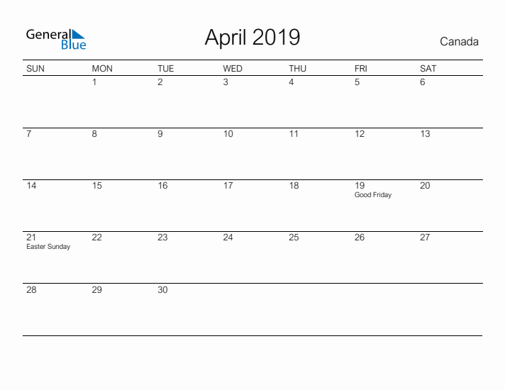 Printable April 2019 Calendar for Canada