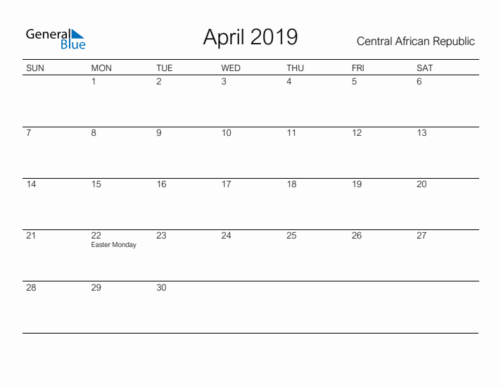 Printable April 2019 Calendar for Central African Republic