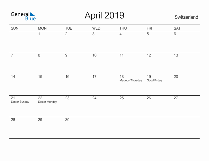 Printable April 2019 Calendar for Switzerland