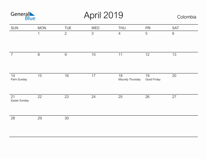 Printable April 2019 Calendar for Colombia