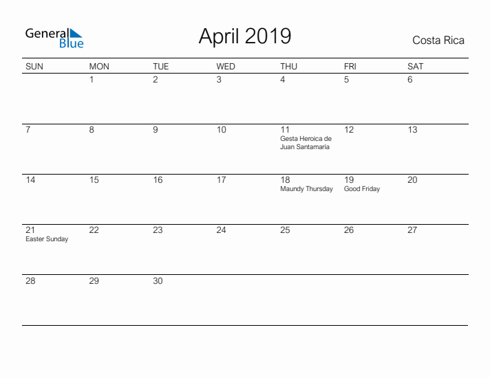 Printable April 2019 Calendar for Costa Rica