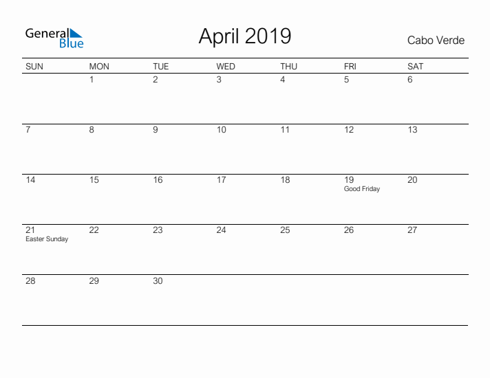 Printable April 2019 Calendar for Cabo Verde