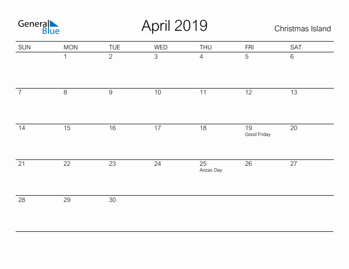 Printable April 2019 Calendar for Christmas Island