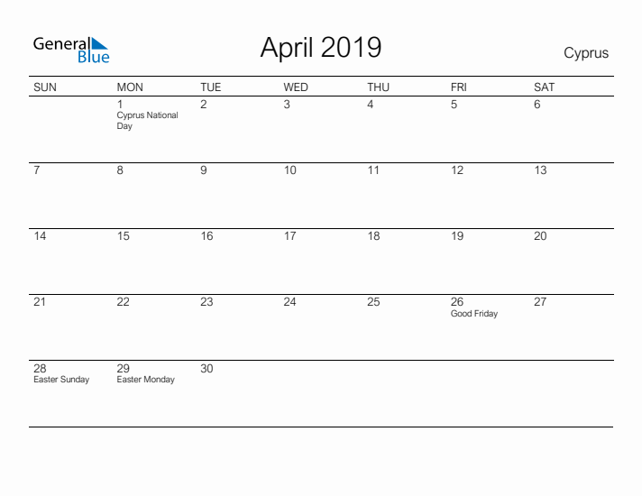 Printable April 2019 Calendar for Cyprus