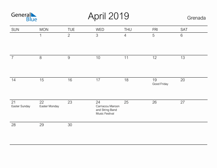 Printable April 2019 Calendar for Grenada