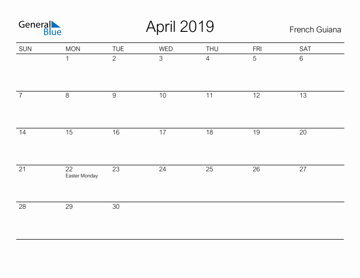 Printable April 2019 Calendar for French Guiana