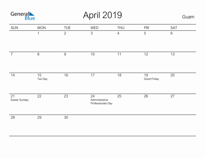 Printable April 2019 Calendar for Guam