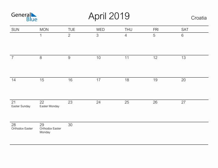 Printable April 2019 Calendar for Croatia
