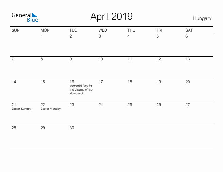 Printable April 2019 Calendar for Hungary