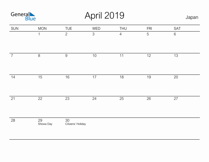 Printable April 2019 Calendar for Japan