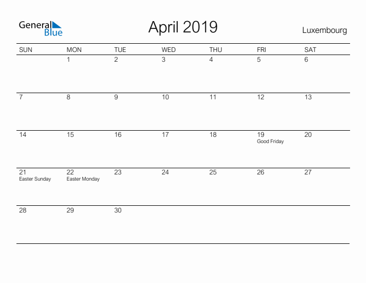 Printable April 2019 Calendar for Luxembourg