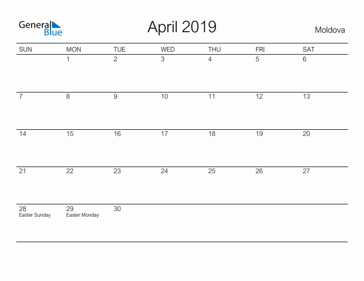 Printable April 2019 Calendar for Moldova