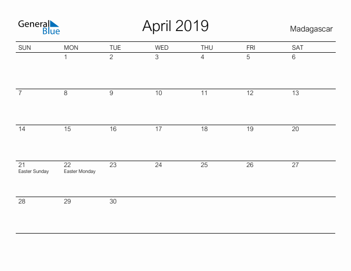 Printable April 2019 Calendar for Madagascar