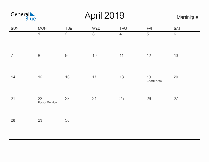 Printable April 2019 Calendar for Martinique