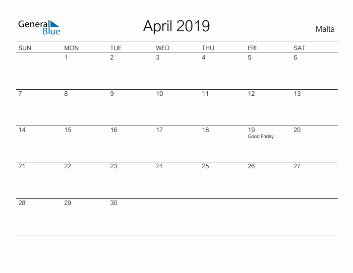 Printable April 2019 Calendar for Malta