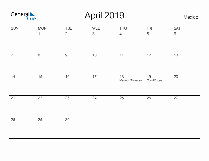 Printable April 2019 Calendar for Mexico