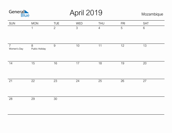 Printable April 2019 Calendar for Mozambique
