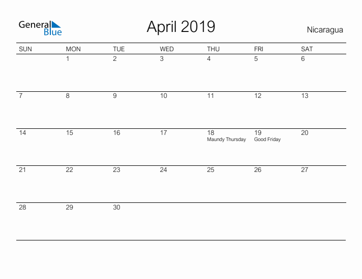 Printable April 2019 Calendar for Nicaragua