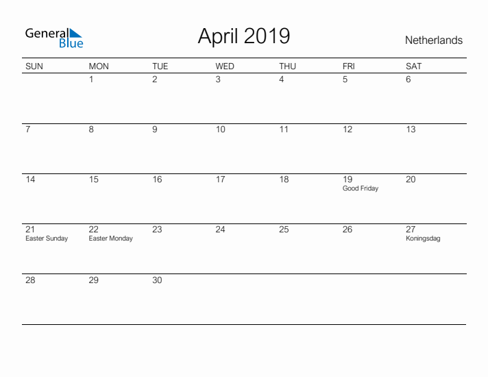 Printable April 2019 Calendar for The Netherlands