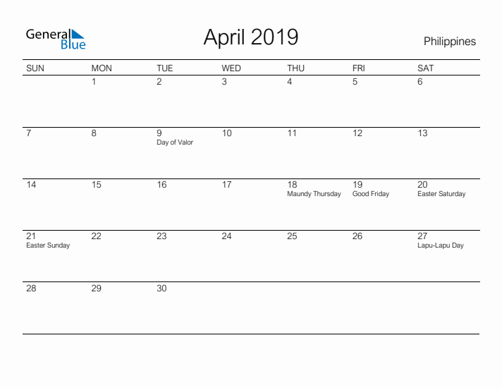 Printable April 2019 Calendar for Philippines
