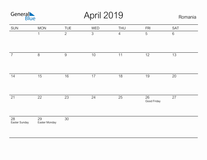 Printable April 2019 Calendar for Romania