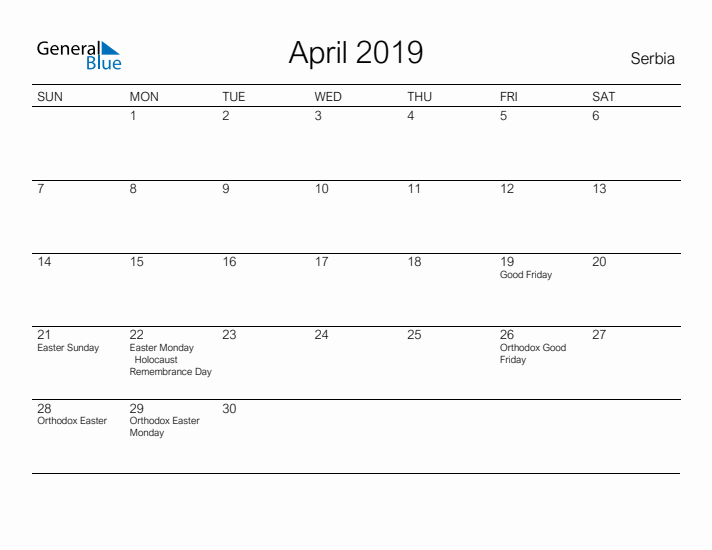 Printable April 2019 Calendar for Serbia