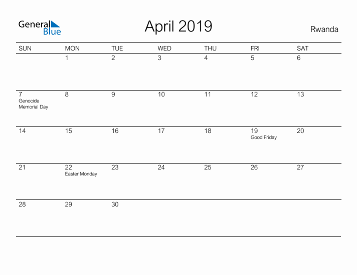 Printable April 2019 Calendar for Rwanda