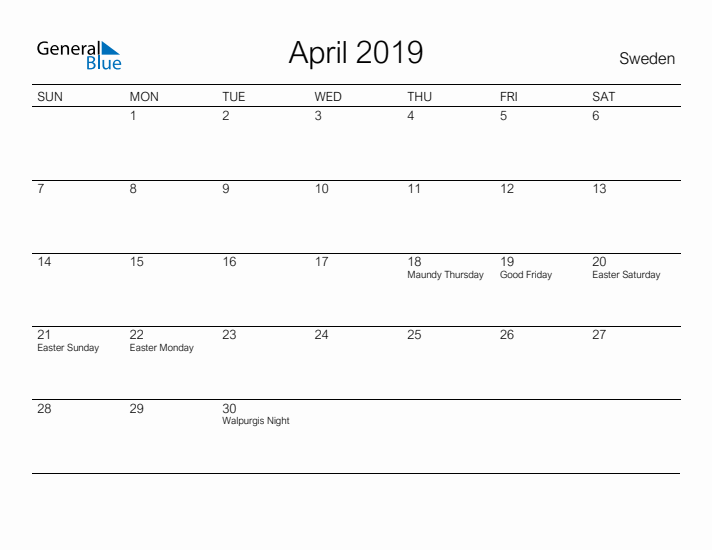 Printable April 2019 Calendar for Sweden