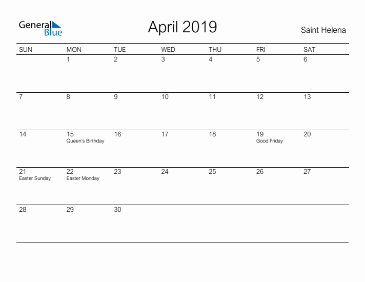 Printable April 2019 Calendar for Saint Helena