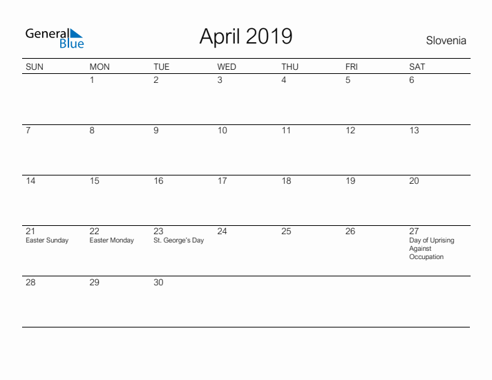 Printable April 2019 Calendar for Slovenia