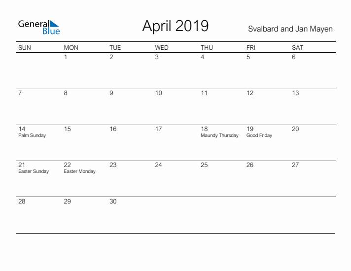Printable April 2019 Calendar for Svalbard and Jan Mayen