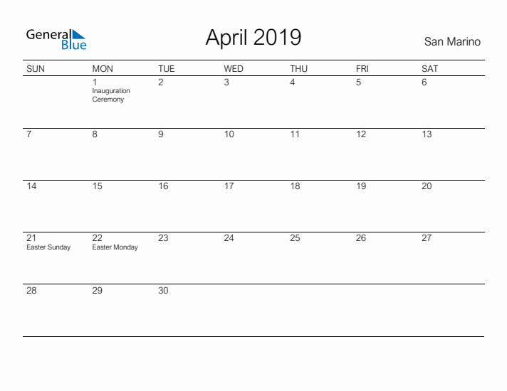 Printable April 2019 Calendar for San Marino
