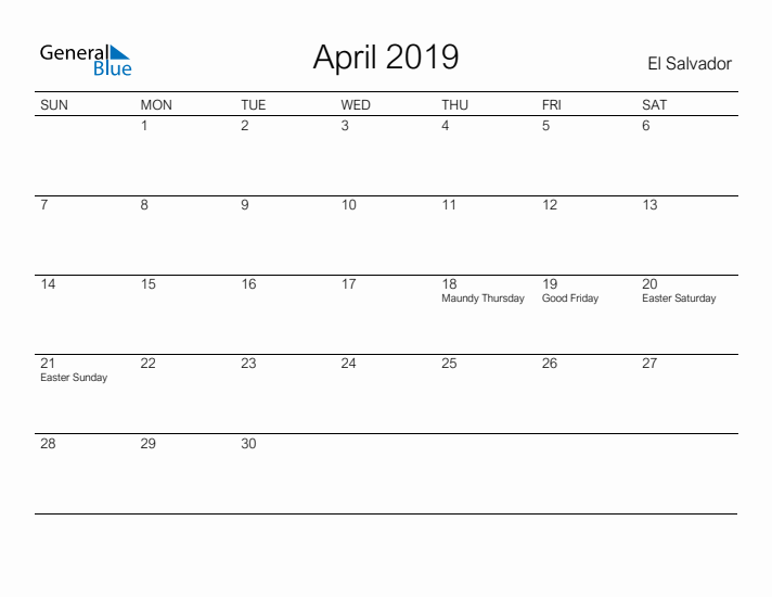 Printable April 2019 Calendar for El Salvador