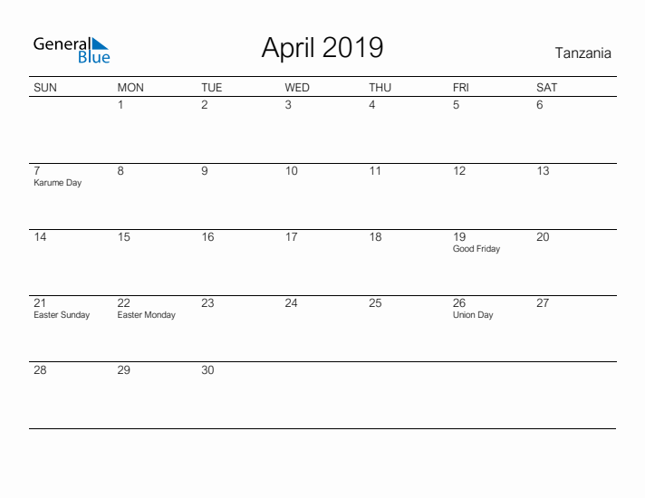 Printable April 2019 Calendar for Tanzania