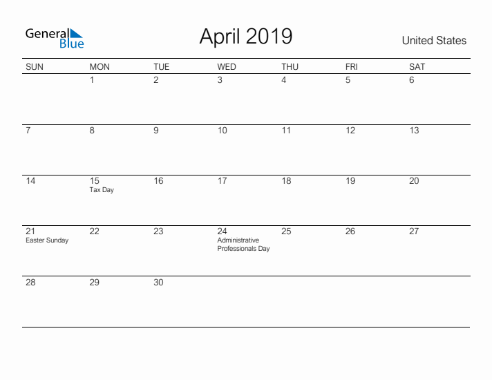 Printable April 2019 Calendar for United States