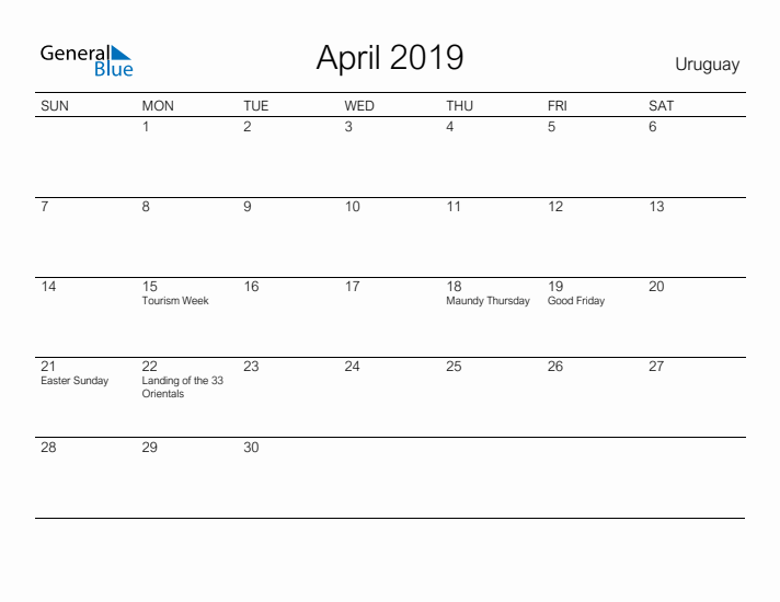 Printable April 2019 Calendar for Uruguay