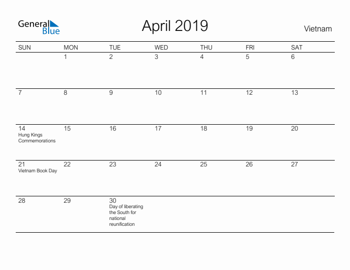 Printable April 2019 Calendar for Vietnam