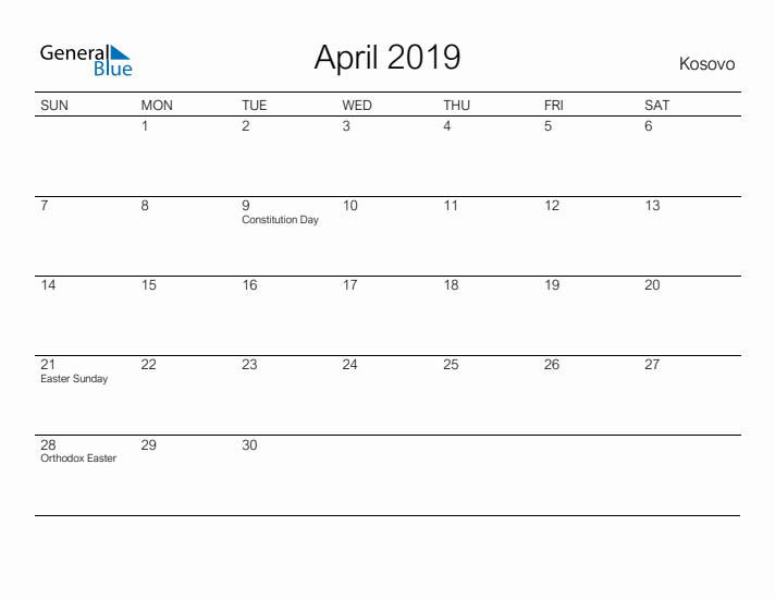 Printable April 2019 Calendar for Kosovo
