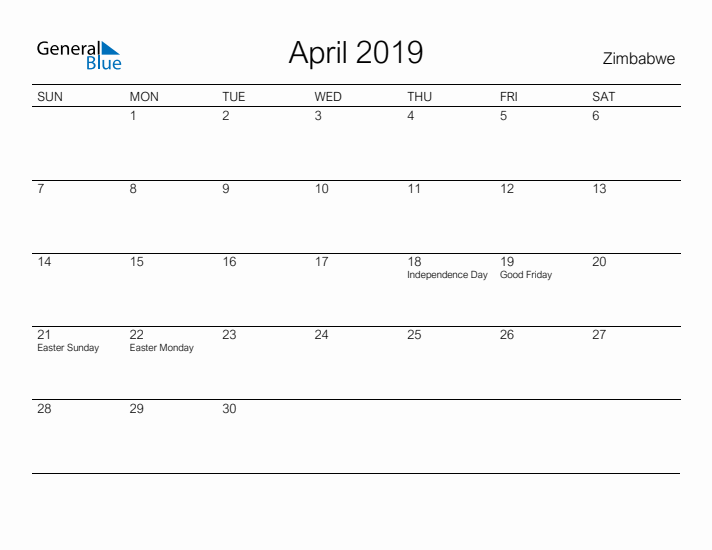 Printable April 2019 Calendar for Zimbabwe