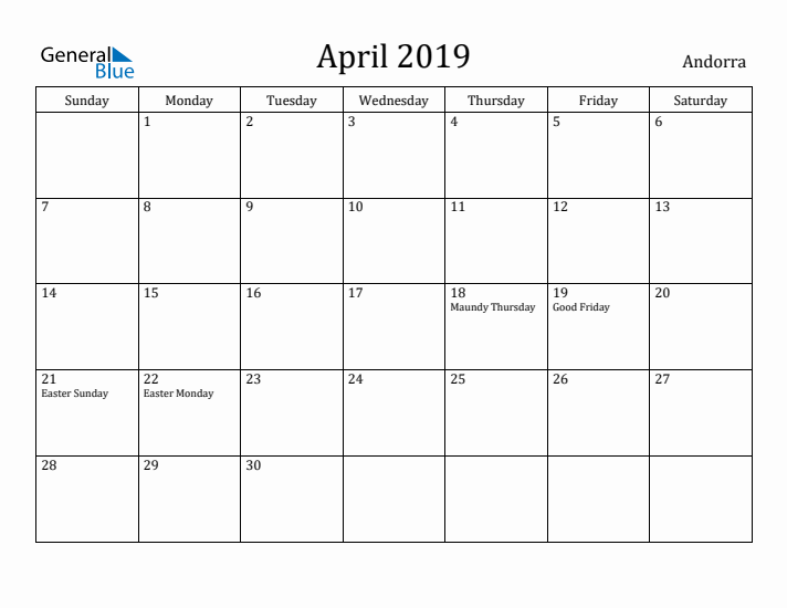 April 2019 Calendar Andorra