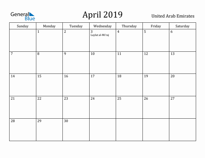 April 2019 Calendar United Arab Emirates