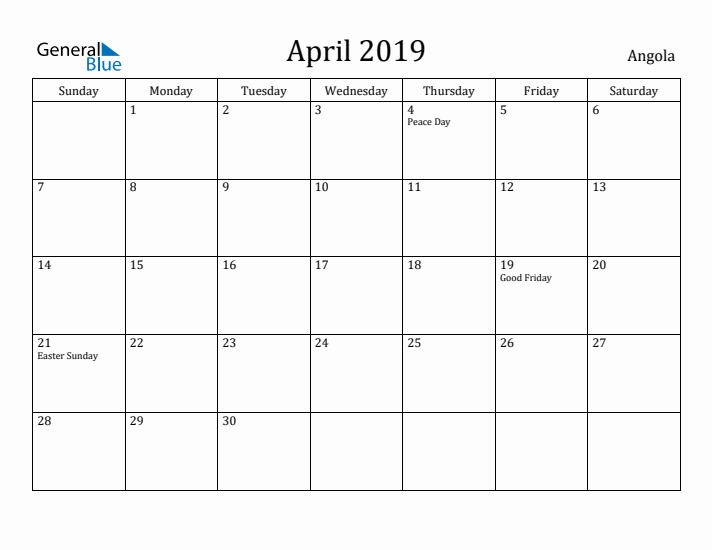 April 2019 Calendar Angola