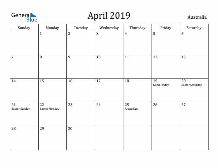 April 2019 Calendar Australia