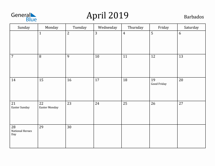 April 2019 Calendar Barbados