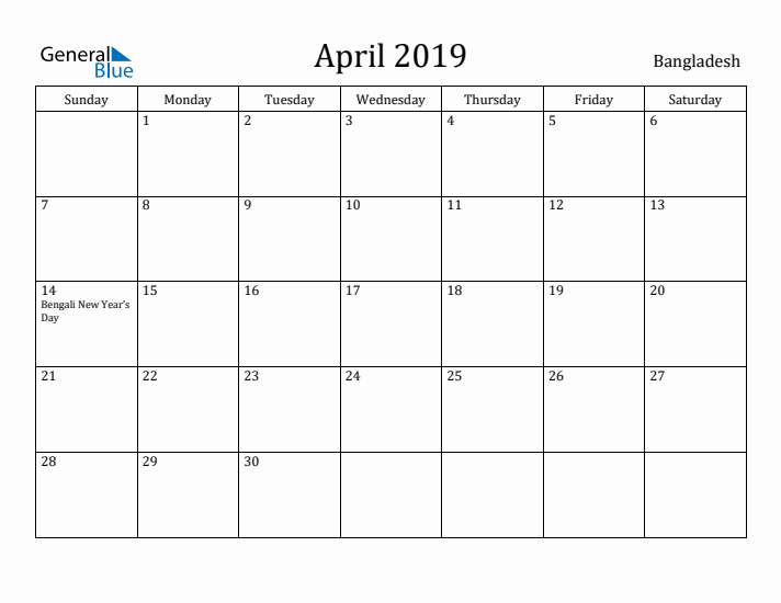 April 2019 Calendar Bangladesh