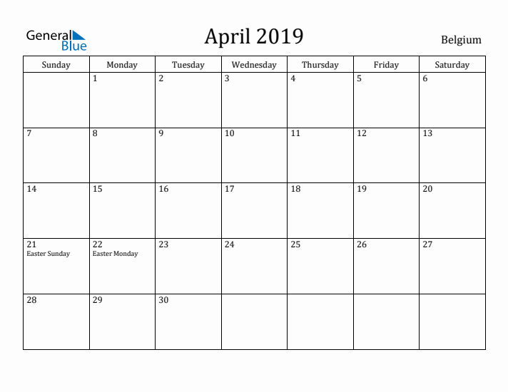 April 2019 Calendar Belgium