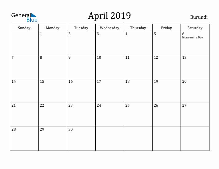 April 2019 Calendar Burundi